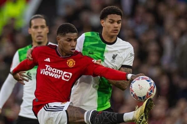 MANCHESTER, ENGLAND - Sunday, March 17, 2024: Manchester United's Marcus Rashford (L) is challenged by Liverpool's Jarell Quansah during the FA Cup Quarter-Final match between Manchester United FC and Liverpool FC at Old Trafford. (Photo by David Rawcliffe/Propaganda)