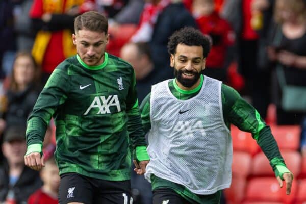 MANCHESTER, ENGLAND - Sunday, March 17, 2024: Liverpool's Alexis Mac Allister (L) and Mohamed Salah during the pre-match warm-up before the FA Cup Quarter-Final match between Manchester United FC and Liverpool FC at Old Trafford. (Photo by David Rawcliffe/Propaganda)