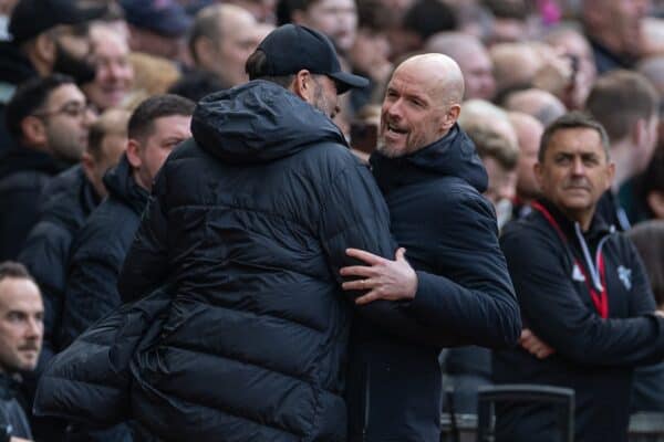 MANCHESTER, ENGLAND - Sunday, March 17, 2024: Liverpool's manager Jürgen Klopp (L) greets Manchester United's manager Erik ten Hag before the FA Cup Quarter-Final match between Manchester United FC and Liverpool FC at Old Trafford. (Photo by David Rawcliffe/Propaganda)