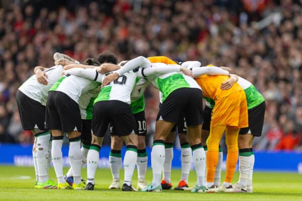 MANCHESTER, ENGLAND - Sunday, March 17, 2024: Liverpool players form a pre-match huddle before the FA Cup Quarter-Final match between Manchester United FC and Liverpool FC at Old Trafford. (Photo by David Rawcliffe/Propaganda)