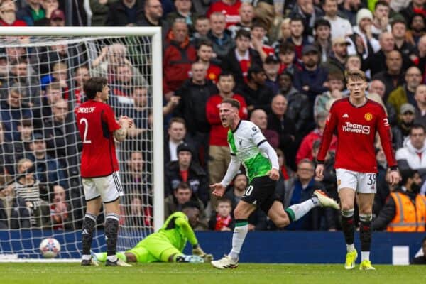 MANCHESTER, ENGLAND - Sunday, March 17, 2024: Liverpool's Alexis Mac Allister celebrates after scoring the first equalising goal during the FA Cup Quarter-Final match between Manchester United FC and Liverpool FC at Old Trafford. (Photo by David Rawcliffe/Propaganda)