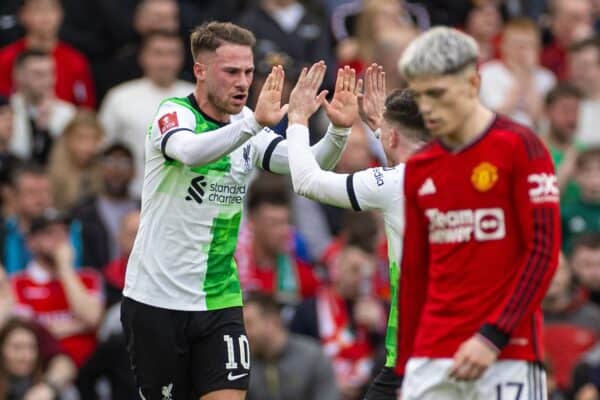 MANCHESTER, ENGLAND - Sunday, March 17, 2024: Liverpool's Alexis Mac Allister celebrates after scoring the first equalising goal during the FA Cup Quarter-Final match between Manchester United FC and Liverpool FC at Old Trafford. (Photo by David Rawcliffe/Propaganda)