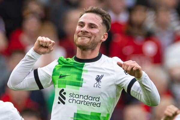 MANCHESTER, ENGLAND - Sunday, March 17, 2024: Liverpool's Alexis Mac Allister celebrates after scoring the first equalising goal during the FA Cup Quarter-Final match between Manchester United FC and Liverpool FC at Old Trafford. (Photo by David Rawcliffe/Propaganda)