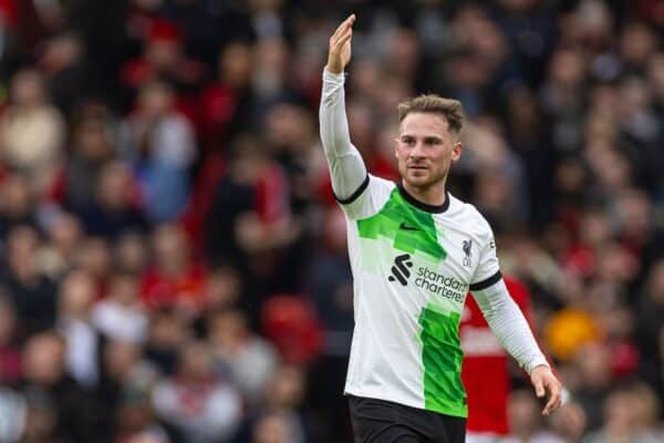 MANCHESTER, ENGLAND - Sunday, March 17, 2024: Liverpool's Alexis Mac Allister celebrates after scoring the first equalising goal during the FA Cup Quarter-Final match between Manchester United FC and Liverpool FC at Old Trafford. (Photo by David Rawcliffe/Propaganda)