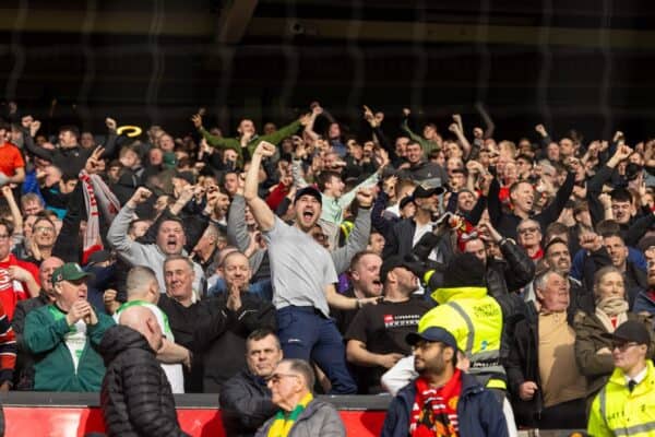  Liverpool supporters celebrate during the FA Cup Quarter-Final match between Manchester United FC and Liverpool FC at Old Trafford. (Photo by David Rawcliffe/Propaganda)