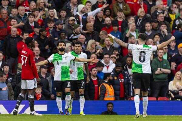 MANCHESTER, ENGLAND - Sunday, March 17, 2024: Liverpool's Mohamed Salah (L) celebrates with team-mate Luis Díaz after scoring the second goal during the FA Cup Quarter-Final match between Manchester United FC and Liverpool FC at Old Trafford. (Photo by David Rawcliffe/Propaganda)