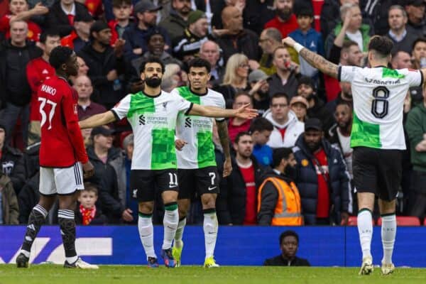 MANCHESTER, ENGLAND - Sunday, March 17, 2024: Liverpool's Mohamed Salah (L) celebrates with team-mate Luis Díaz after scoring the second goal during the FA Cup Quarter-Final match between Manchester United FC and Liverpool FC at Old Trafford. (Photo by David Rawcliffe/Propaganda)