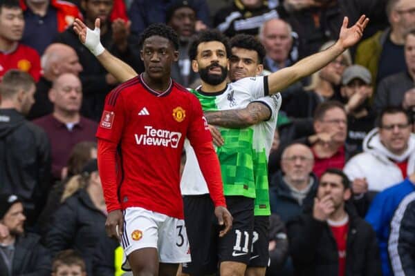 MANCHESTER, ENGLAND - Sunday, March 17, 2024: Liverpool's Mohamed Salah (L) celebrates with team-mate Luis Díaz after scoring the second goal during the FA Cup Quarter-Final match between Manchester United FC and Liverpool FC at Old Trafford. (Photo by David Rawcliffe/Propaganda)