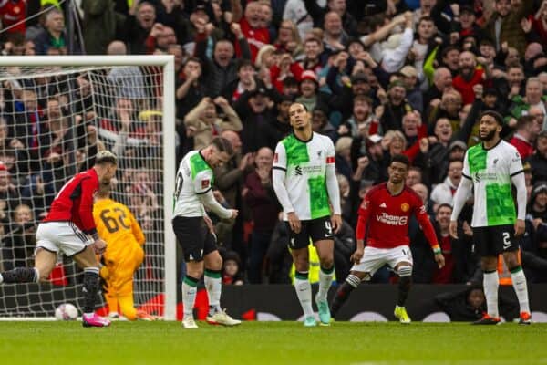 MANCHESTER, ENGLAND - Sunday, March 17, 2024: Manchester United's Antony Matheus dos Santos celebrates after scoring an equalising goal to level the score 2-2 during the FA Cup Quarter-Final match between Manchester United FC and Liverpool FC at Old Trafford. (Photo by David Rawcliffe/Propaganda)