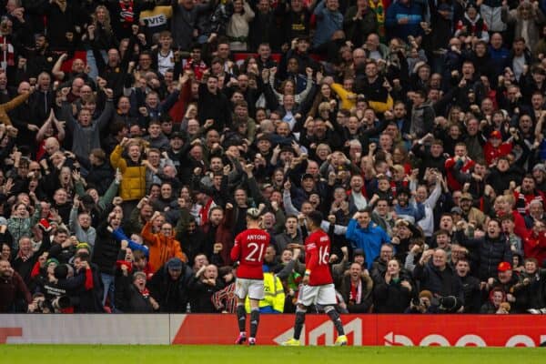 MANCHESTER, ENGLAND - Sunday, March 17, 2024: Manchester United's Antony Matheus dos Santos celebrates after scoring an equalising goal to level the score 2-2 during the FA Cup Quarter-Final match between Manchester United FC and Liverpool FC at Old Trafford. (Photo by David Rawcliffe/Propaganda)