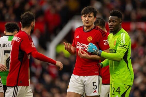 MANCHESTER, ENGLAND - Sunday, March 17, 2024: Manchester United's Harry Maguire (C) argues with captain Bruno Fernandes as goalkeeper André Onana looks on during the FA Cup Quarter-Final match between Manchester United FC and Liverpool FC at Old Trafford. (Photo by David Rawcliffe/Propaganda)