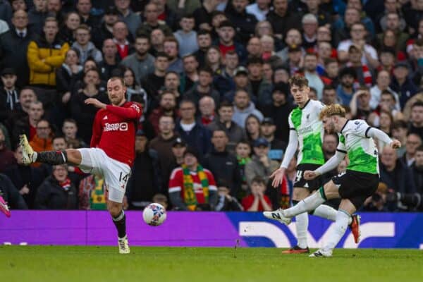 MANCHESTER, ENGLAND - Sunday, March 17, 2024: Liverpool's Harvey Elliott scores the third goal, in extra-time, during the FA Cup Quarter-Final match between Manchester United FC and Liverpool FC at Old Trafford. (Photo by David Rawcliffe/Propaganda)