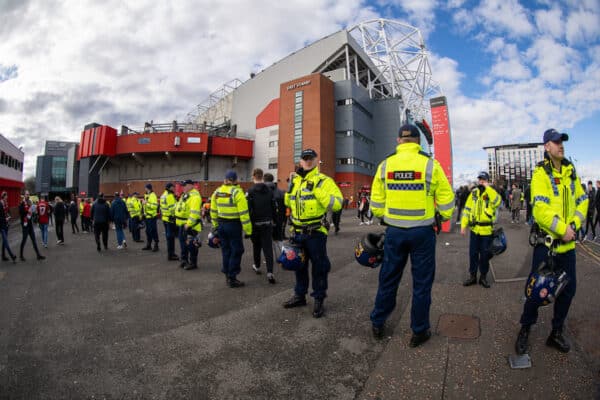 MANCHESTER, ENGLAND - Sunday, March 17, 2024: Police with riot helmets seen outside the stadium before the FA Cup Quarter-Final match between Manchester United FC and Liverpool FC at Old Trafford. (Photo by David Rawcliffe/Propaganda)