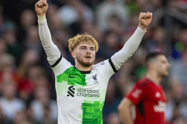 MANCHESTER, ENGLAND - Sunday, March 17, 2024: Liverpool's Harvey Elliott celebrates after scoring his side's third goal, in extra-time, during the FA Cup Quarter-Final match between Manchester United FC and Liverpool FC at Old Trafford. (Photo by David Rawcliffe/Propaganda)