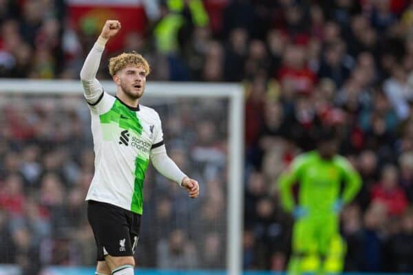 MANCHESTER, ENGLAND - Sunday, March 17, 2024: Liverpool's Harvey Elliott celebrates after scoring his side's third goal, in extra-time, during the FA Cup Quarter-Final match between Manchester United FC and Liverpool FC at Old Trafford. (Photo by David Rawcliffe/Propaganda)