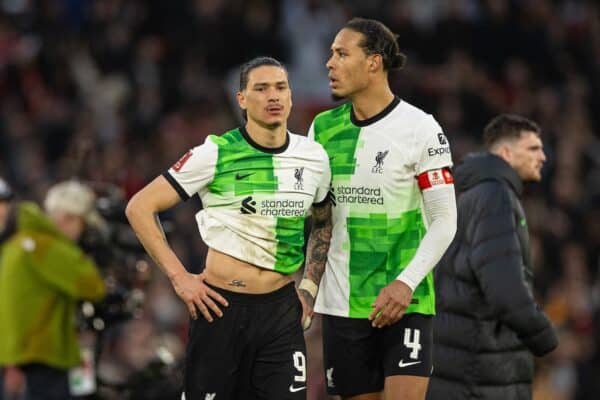 MANCHESTER, ENGLAND - Sunday, March 17, 2024: Liverpool's Darwin Núñez (L) and captain Virgil van Dijk look dejected after the FA Cup Quarter-Final match between Manchester United FC and Liverpool FC at Old Trafford. Man Utd won 4-3 in extra-time. (Photo by David Rawcliffe/Propaganda)