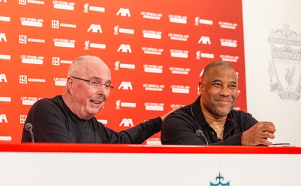 LIVERPOOL, ENGLAND - Friday, March 22, 2024: Former England manager Sven-Göran Eriksson (L) and John Barnes (R) during a pre-match press conference ahead of the LFC Foundation match between Liverpool FC Legends and Ajax FC Legends at Anfield. Sven was invited to be the Liverpool manager for the game by Jürgen Klopp. (Photo by David Rawcliffe/Propaganda)