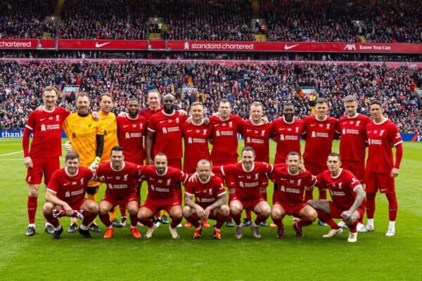 LIVERPOOL, ENGLAND - Saturday, March 23, 2024: Liverpool players line-up for a team group photograph before the LFC Foundation match between Liverpool FC Legends and Ajax FC Legends at Anfield. (Photo by David Rawcliffe/Propaganda)