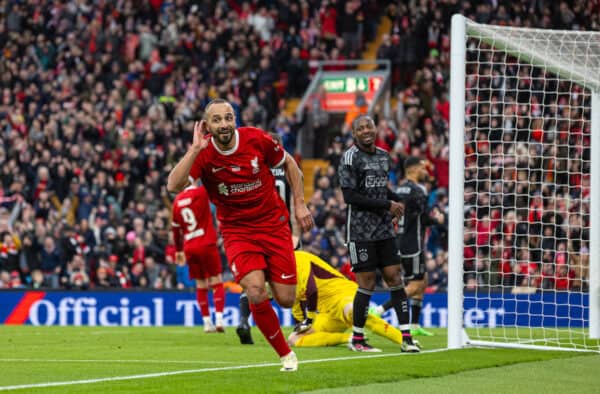 LIVERPOOL, ENGLAND - Saturday, March 23, 2024: Liverpool's Nabil El Zhar celebrates after scoring the third goal during the LFC Foundation match between Liverpool FC Legends and Ajax FC Legends at Anfield. (Photo by David Rawcliffe/Propaganda)