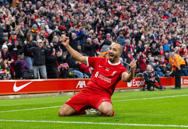 LIVERPOOL, ENGLAND - Saturday, March 23, 2024: Liverpool's Nabil El Zhar celebrates after scoring the third goal during the LFC Foundation match between Liverpool FC Legends and Ajax FC Legends at Anfield. (Photo by David Rawcliffe/Propaganda)