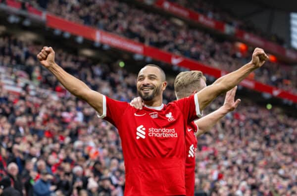 LIVERPOOL, ENGLAND - Saturday, March 23, 2024: Liverpool's Nabil El Zhar celebrates after scoring the third goal during the LFC Foundation match between Liverpool FC Legends and Ajax FC Legends at Anfield. (Photo by David Rawcliffe/Propaganda)