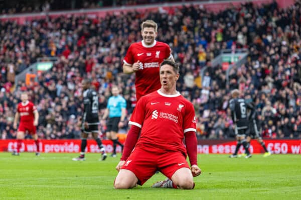 LIVERPOOL, ENGLAND - Saturday, March 23, 2024: Liverpool's Fernando Torres celebrates after scoring the third goal during the LFC Foundation match between Liverpool FC Legends and Ajax FC Legends at Anfield. (Photo by David Rawcliffe/Propaganda)