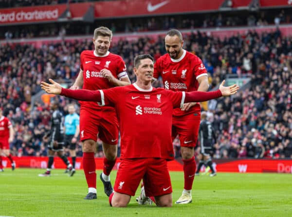 LIVERPOOL, ENGLAND - Saturday, March 23, 2024: Liverpool's Fernando Torres (C) celebrates with team-mates Steven Gerrard (L) and Nabil El Zhar (R) after scoring the third goal during the LFC Foundation match between Liverpool FC Legends and Ajax FC Legends at Anfield. (Photo by David Rawcliffe/Propaganda)