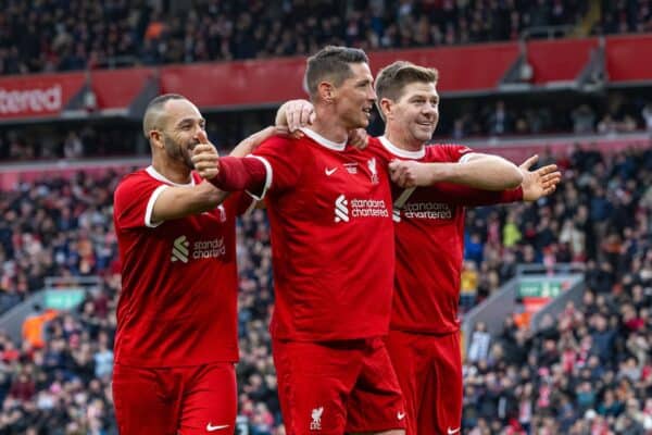 LIVERPOOL, ENGLAND - Saturday, March 23, 2024: Liverpool's Fernando Torres (C) celebrates after scoring the third goal during the LFC Foundation match between Liverpool FC Legends and Ajax FC Legends at Anfield. (Photo by David Rawcliffe/Propaganda)