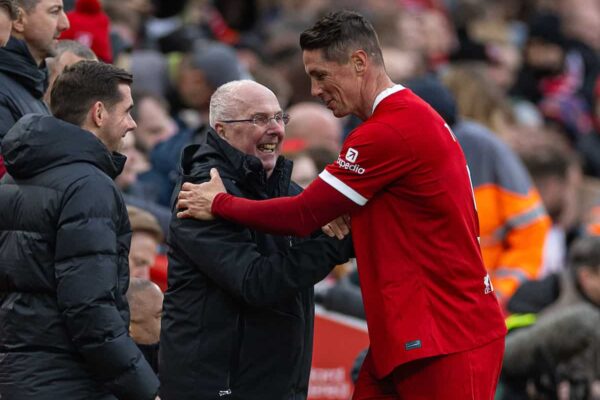 LIVERPOOL, ENGLAND - Saturday, March 23, 2024: Liverpool's match-winning goal-scorer Fernando Torres with manager Sven-Göran Eriksson during the LFC Foundation match between Liverpool FC Legends and Ajax FC Legends at Anfield. (Photo by David Rawcliffe/Propaganda)