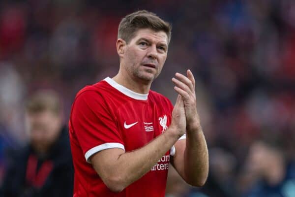 LIVERPOOL, ENGLAND - Saturday, March 23, 2024: Liverpool's Steven Gerrard applauds the supporters after the LFC Foundation match between Liverpool FC Legends and Ajax FC Legends at Anfield. (Photo by David Rawcliffe/Propaganda)