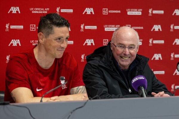 LIVERPOOL, ENGLAND - Saturday, March 23, 2024: Liverpool's Fernando Torres (L) and manager Sven-Göran Eriksson at a post-match press conference after the LFC Foundation match between Liverpool FC Legends and Ajax FC Legends at Anfield. (Photo by David Rawcliffe/Propaganda)