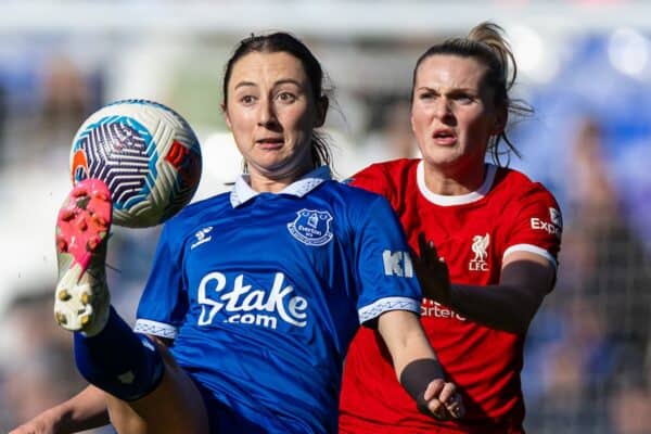 LIVERPOOL, ENGLAND - Sunday, March 24, 2024: Everton's Clare Wheeler (L) is challenged by Liverpool's Melissa Lawley during the FA Women’s Super League game between Everton FC Women and Liverpool FC Women at Goodison Park. (Photo by David Rawcliffe/Propaganda)