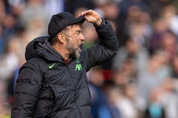 LIVERPOOL, ENGLAND - Sunday, March 31, 2024: Liverpool's manager Jürgen Klopp reacts during the FA Premier League match between Liverpool FC and Brighton & Hove Albion FC at Anfield. (Photo by David Rawcliffe/Propaganda)