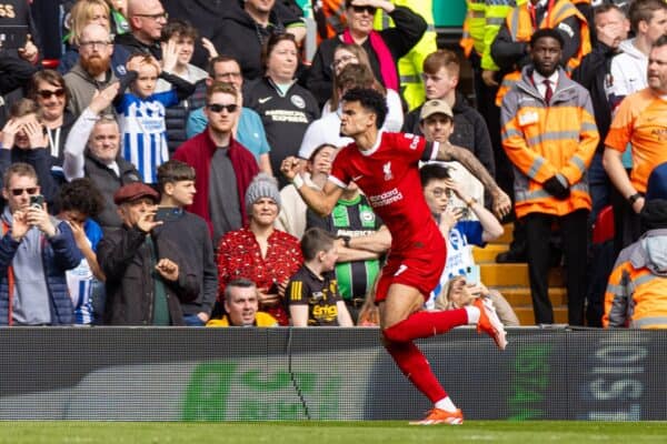 LIVERPOOL, ENGLAND - Sunday, March 31, 2024: Liverpool's Luis Díaz celebrates after scoring the first equalising goal during the FA Premier League match between Liverpool FC and Brighton & Hove Albion FC at Anfield. (Photo by David Rawcliffe/Propaganda)