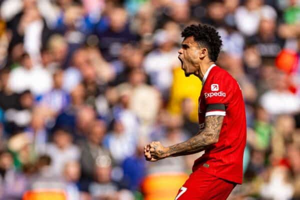 LIVERPOOL, ENGLAND - Sunday, March 31, 2024: Liverpool's Luis Díaz celebrates after scoring the first equalising goal during the FA Premier League match between Liverpool FC and Brighton & Hove Albion FC at Anfield. (Photo by David Rawcliffe/Propaganda)