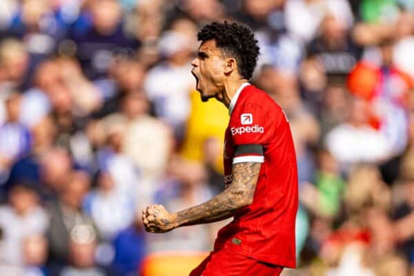 LIVERPOOL, ENGLAND - Sunday, March 31, 2024: Liverpool's Luis Díaz celebrates after scoring the first equalising goal during the FA Premier League match between Liverpool FC and Brighton & Hove Albion FC at Anfield. (Photo by David Rawcliffe/Propaganda)