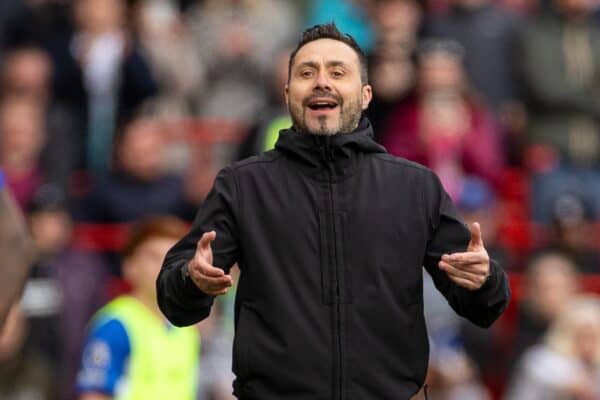 LIVERPOOL, ENGLAND - Sunday, March 31, 2024: Brighton & Hove Albion's manager Roberto De Zerbi during the FA Premier League match between Liverpool FC and Brighton & Hove Albion FC at Anfield. (Photo by David Rawcliffe/Propaganda)