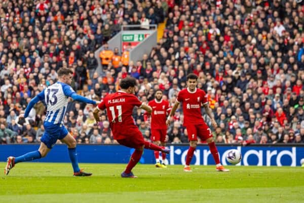 LIVERPOOL, ENGLAND - Sunday, March 31, 2024: Liverpool's Mohamed Salah scores his side's second goal during the FA Premier League match between Liverpool FC and Brighton & Hove Albion FC at Anfield. (Photo by David Rawcliffe/Propaganda)