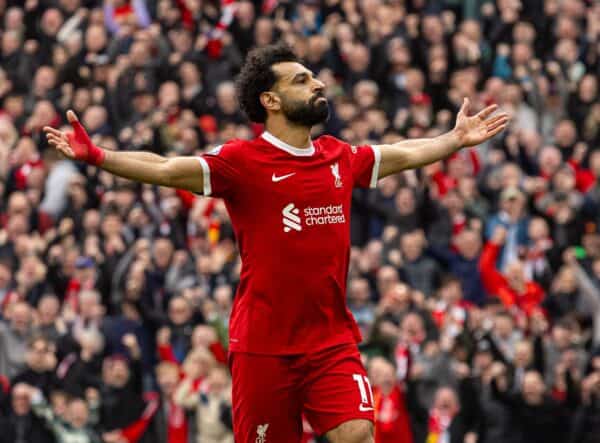 LIVERPOOL, ENGLAND - Sunday, March 31, 2024: Liverpool's Mohamed Salah celebrates after scoring his side's second goal during the FA Premier League match between Liverpool FC and Brighton & Hove Albion FC at Anfield. (Photo by David Rawcliffe/Propaganda)