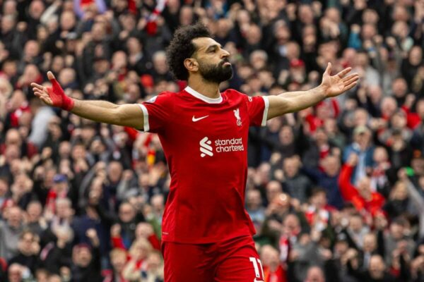 LIVERPOOL, ENGLAND - Sunday, March 31, 2024: Liverpool's Mohamed Salah celebrates after scoring his side's second goal during the FA Premier League match between Liverpool FC and Brighton & Hove Albion FC at Anfield. (Photo by David Rawcliffe/Propaganda)