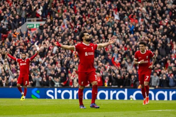 LIVERPOOL, ENGLAND - Sunday, March 31, 2024: Liverpool's Mohamed Salah celebrates after scoring his side's second goal during the FA Premier League match between Liverpool FC and Brighton & Hove Albion FC at Anfield. (Photo by David Rawcliffe/Propaganda)