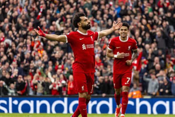 LIVERPOOL, ENGLAND - Sunday, March 31, 2024: Liverpool's Mohamed Salah celebrates after scoring his side's second goal during the FA Premier League match between Liverpool FC and Brighton & Hove Albion FC at Anfield. (Photo by David Rawcliffe/Propaganda)