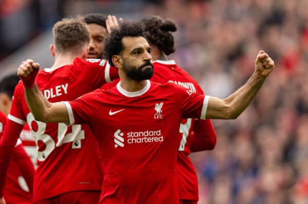  Liverpool's Mohamed Salah celebrates after scoring his side's second goal during the FA Premier League match between Liverpool FC and Brighton & Hove Albion FC at Anfield. (Photo by David Rawcliffe/Propaganda)