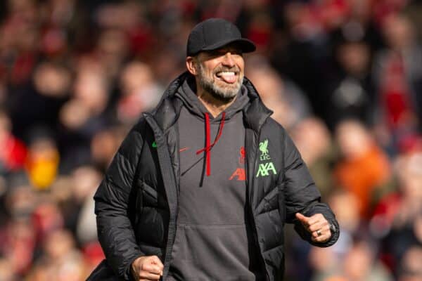 LIVERPOOL, ENGLAND - Sunday, March 31, 2024: Liverpool's manager Jürgen Klopp celebrates after the FA Premier League match between Liverpool FC and Brighton & Hove Albion FC at Anfield. Liverpool won 2-1. (Photo by David Rawcliffe/Propaganda)