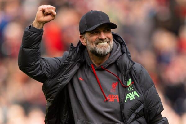 LIVERPOOL, ENGLAND - Sunday, March 31, 2024: Liverpool's manager Jürgen Klopp celebrates after the FA Premier League match between Liverpool FC and Brighton & Hove Albion FC at Anfield. Liverpool won 2-1. (Photo by David Rawcliffe/Propaganda)