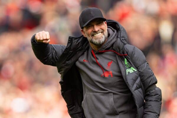 LIVERPOOL, ENGLAND - Sunday, March 31, 2024: Liverpool's manager Jürgen Klopp celebrates after the FA Premier League match between Liverpool FC and Brighton & Hove Albion FC at Anfield. Liverpool won 2-1. (Photo by David Rawcliffe/Propaganda)