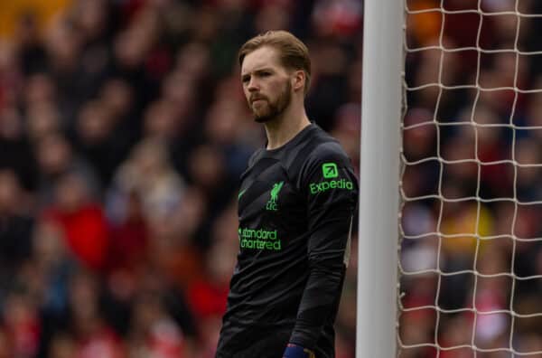 LIVERPOOL, ENGLAND - Sunday, March 31, 2024: Liverpool's goalkeeper Caoimhin Kelleher during the FA Premier League match between Liverpool FC and Brighton & Hove Albion FC at Anfield. (Photo by David Rawcliffe/Propaganda)