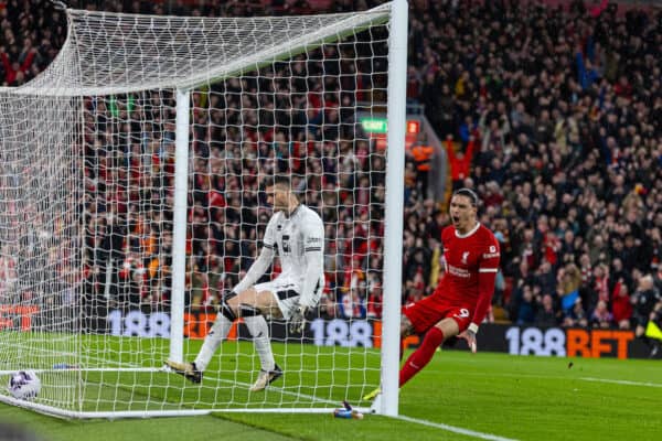 LIVERPOOL, ENGLAND - Thursday, April 4, 2024: Liverpool's Darwin Núñez celebrates after scoring the first goal during the FA Premier League match between Liverpool FC and Sheffield United FC at Anfield. (Photo by David Rawcliffe/Propaganda)