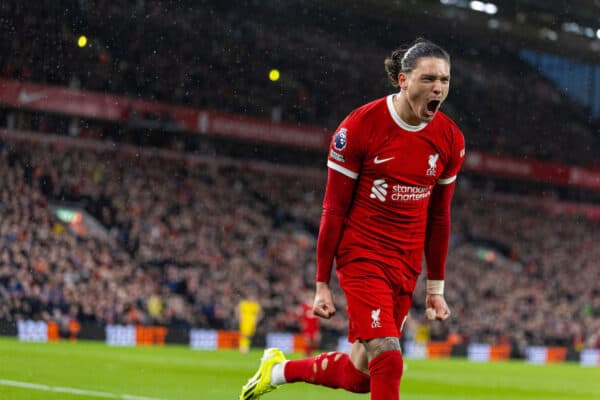 LIVERPOOL, ENGLAND - Thursday, April 4, 2024: Liverpool's Darwin Núñez celebrates after scoring the first goal during the FA Premier League match between Liverpool FC and Sheffield United FC at Anfield. (Photo by David Rawcliffe/Propaganda)