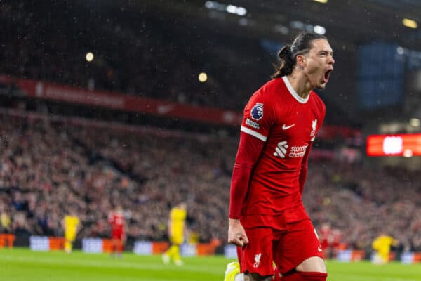 LIVERPOOL, ENGLAND - Thursday, April 4, 2024: Liverpool's Darwin Núñez celebrates after scoring the first goal during the FA Premier League match between Liverpool FC and Sheffield United FC at Anfield. (Photo by David Rawcliffe/Propaganda)